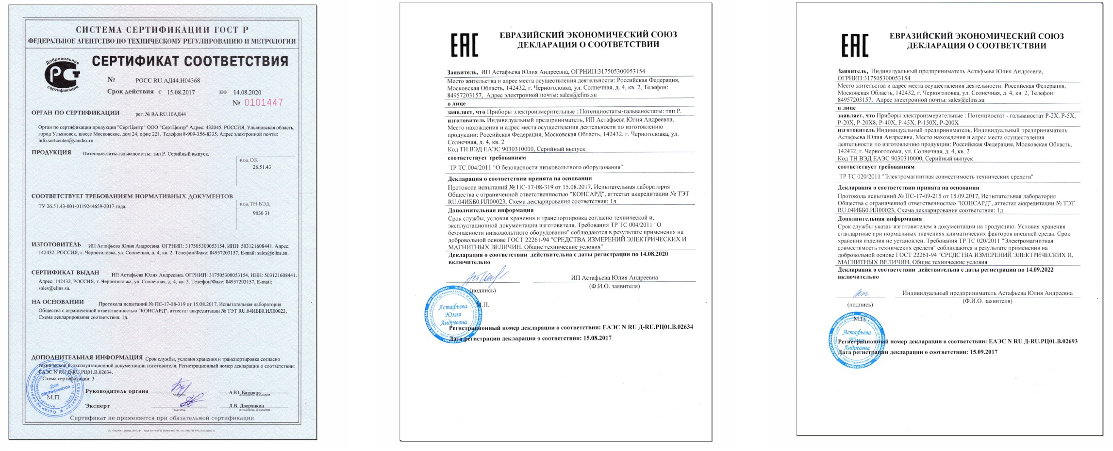 Сертификаты “Electrochemical Instruments”